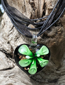 Fragile Heart Necklace - Black with Green floral design