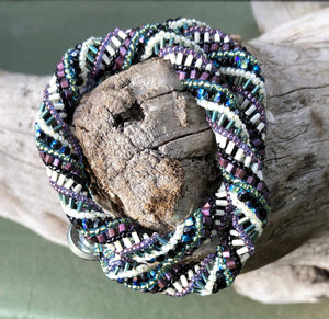 Beaded Necklace - Helix - Purple, Black, Green and Cream