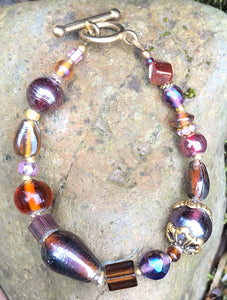 Lampwork Glass Bracelet - Iridescent Purple and Amber