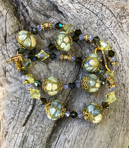 Lampwork Glass Necklace - Olive Citrine and Aqua