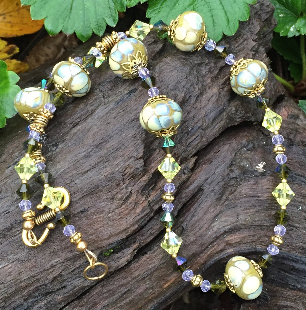 Lampwork Glass Necklace - Olive Citrine and Aqua
