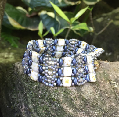 Navy Shimmering Iridescent Silver and White Picasso Czech glass Beaded Bracelet with Magnetic Clasp
