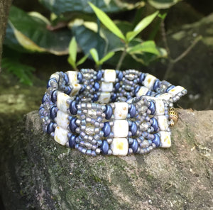 Navy Shimmering Iridescent Silver and White Picasso Czech glass Beaded Bracelet with Magnetic Clasp