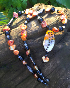 Mineral Necklace - Orange & Cream Lampwork with Pearls