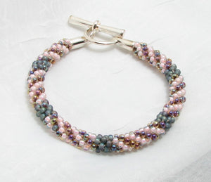 Beaded Bracelet - Kumihimo - Pink and Gray