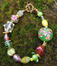 Load image into Gallery viewer, Lampwork Glass Bracelet - Pink Green Yellow Amber