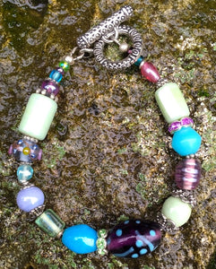 Lampwork Glass Bracelet - Purple Aqua Lt Green
