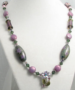 Lampwork Glass Necklace - Purple Olive Swirl