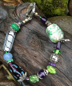 Lampwork Glass Bracelet - Purple Green Silver