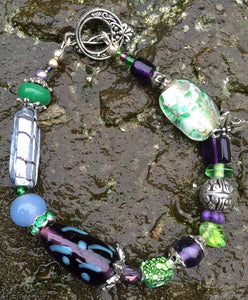 Lampwork Glass Bracelet - Purple Green Silver