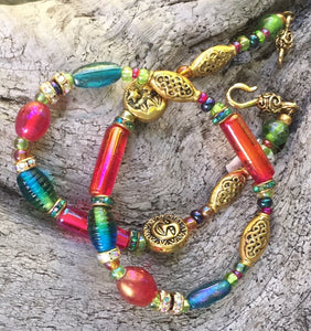 Lampwork Glass Necklace - Choker - Raspberry Blue-green and Gold