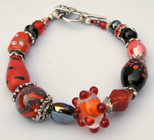 Load image into Gallery viewer, Lampwork Glass Bracelet - Red Black Silver Iridescent