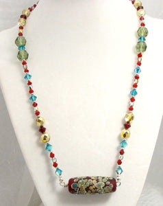 Lampwork Glass Necklace - Red Galaxy & Crystal