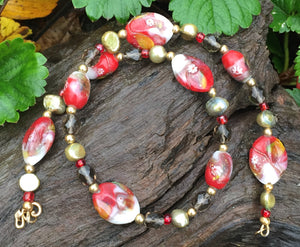 Lampwork Glass Necklace - Red and Smoky Olive