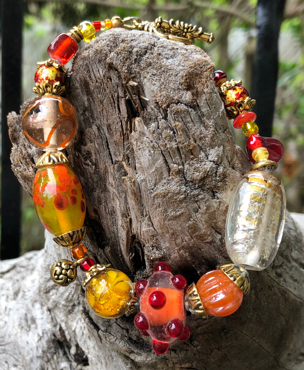 Lampwork Glass Bracelet - Red Yellow Gold and Orange