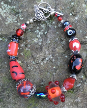 Load image into Gallery viewer, Lampwork Glass Bracelet - Red Black Silver Iridescent