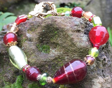 Load image into Gallery viewer, Lampwork Glass Bracelet - Red and Chartreuse with Grape Toggle