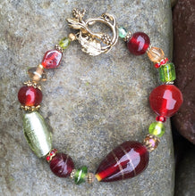 Load image into Gallery viewer, Lampwork Glass Bracelet - Red and Chartreuse with Grape Toggle