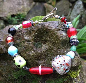 Lampwork Glass Bracelet - Red Green Blue with Heart