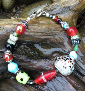 Lampwork Glass Bracelet - Red Green Blue with Heart