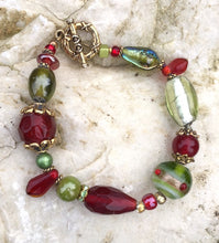 Load image into Gallery viewer, Lampwork Glass Bracelet - Red Olive Gold