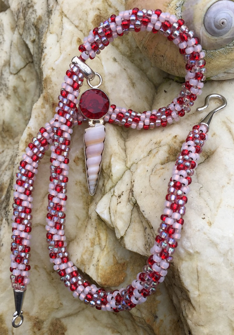 Kumihimo Necklace - Garnet with seashell