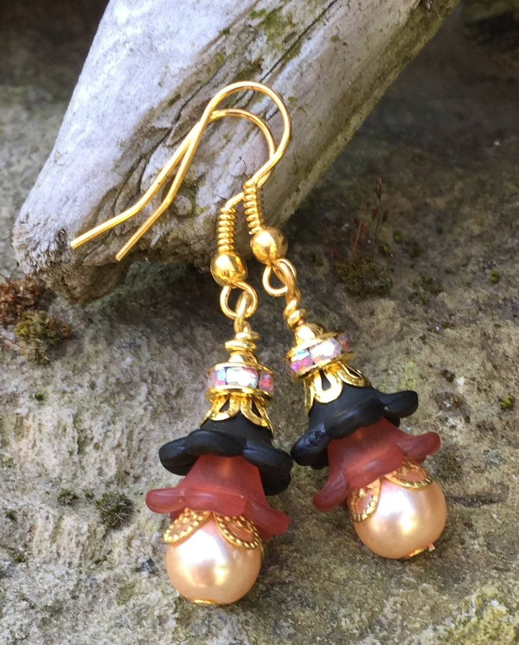 These Black, Auburn and Champagne Mini Tulip Style Earrings are adorned with gold filigree and Austrian crystals and measure 1