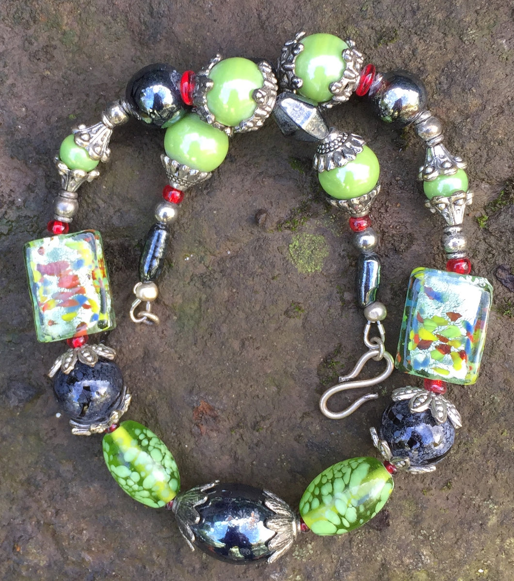 Lampwork Glass Necklace - Shimmering Black and Green Confetti