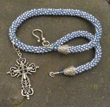 Load image into Gallery viewer, Kumihimo Necklace - Light Metallic Blue with Elaborate Removable Cross