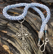 Load image into Gallery viewer, Kumihimo Necklace - Light Metallic Blue with Elaborate Removable Cross