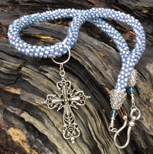 Kumihimo Necklace - Light Metallic Blue with Elaborate Removable Cross