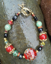 Load image into Gallery viewer, Lampwork Glass Bracelet - Smokey Green Red and Black