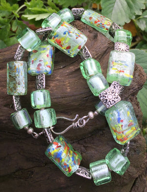Lampwork Glass Necklace - Spring Green Confetti