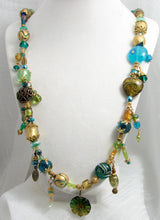 Load image into Gallery viewer, Lampwork Necklace - Gold Aqua and Chartreuse Dangles