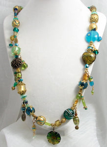 Lampwork Necklace - Gold Aqua and Chartreuse Dangles