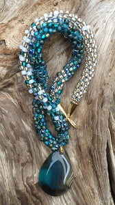 Kumihimo Necklace - Teal Gold White Agate
