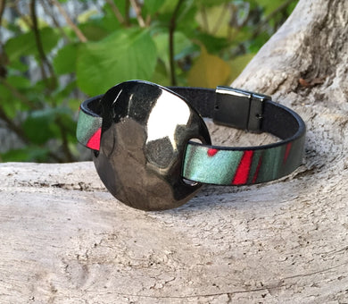 Leather Bracelet - Italian Printed Teal and Red with Gunmetal Disc
