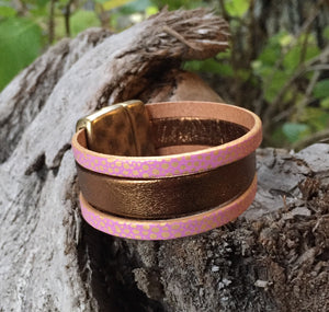 Leather Bracelet - Triple band Dark Gold and Champagne Pink