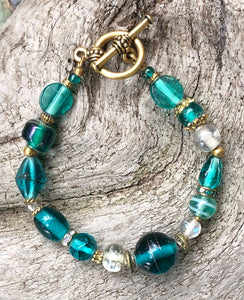 Lampwork Glass Bracelet - Turquoise Clear Gold