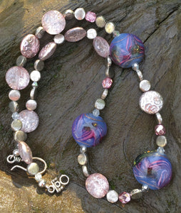 Lampwork Glass Necklace - Violet Swirled with Pink Accents