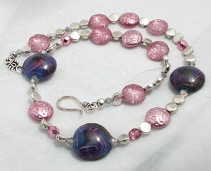 Lampwork Glass Necklace - Violet Swirled with Pink Accents