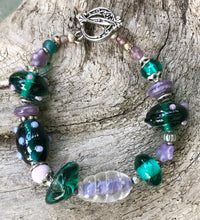 Load image into Gallery viewer, Lampwork Glass Bracelet - Dark Teal Green and Lavender