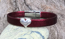 Load image into Gallery viewer, Leather Bracelet - Red Leather with Silver Heart