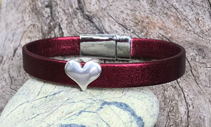 Leather Bracelet - Red Leather with Silver Heart