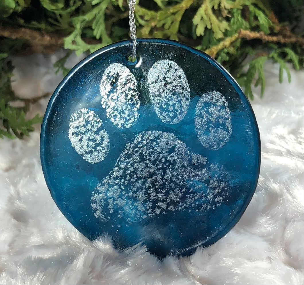 Holiday Ornaments - Sea Blue with Silver Mica Paw