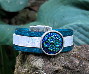 Leather Bracelet - Iridescent and Teal with Czech glass slider