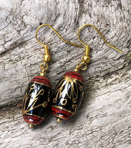 Handpainted, Lacquered Earrings Black Red and Gold - These elegant earrings measure approximately 1 1/2".