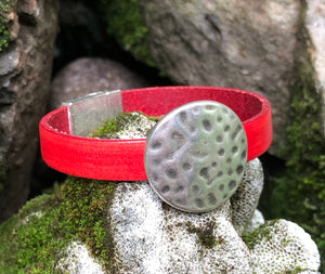 Leather Bracelet - Red with Hammered Disc