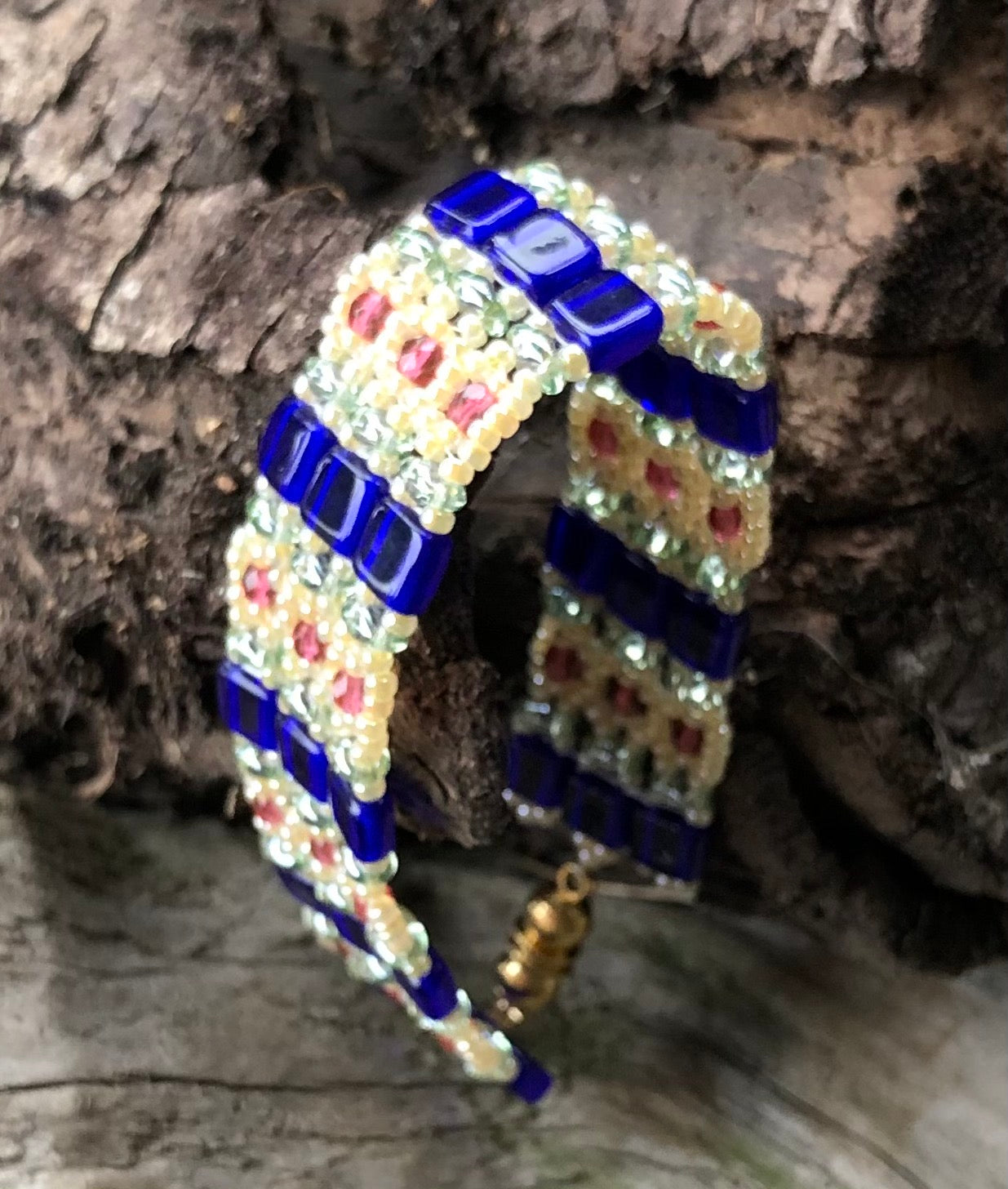Beaded Bracelet - Cobalt and pastel Brocade