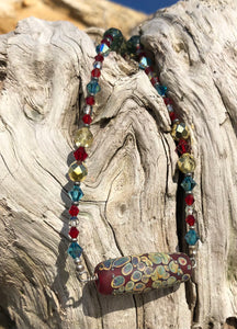 Lampwork Glass Necklace - Red Galaxy & Crystal